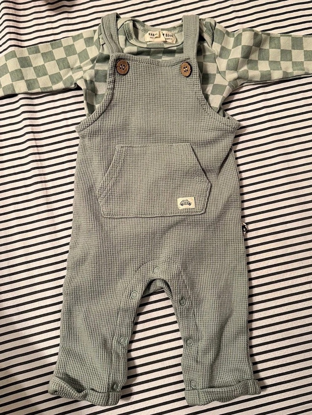 Rabbit + Bear Baby Checkered Overall Footie Green White 0-3M
